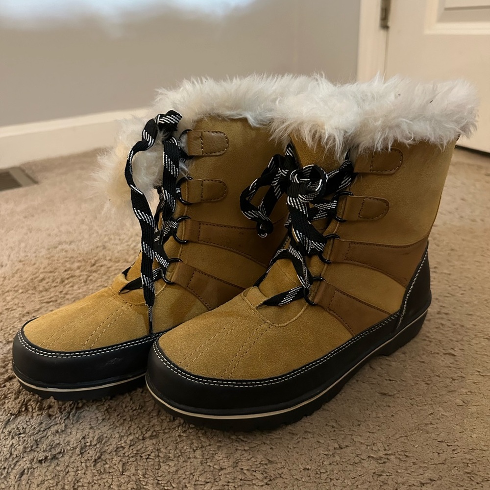 Tan and Black Fur-Lined Winter Boots